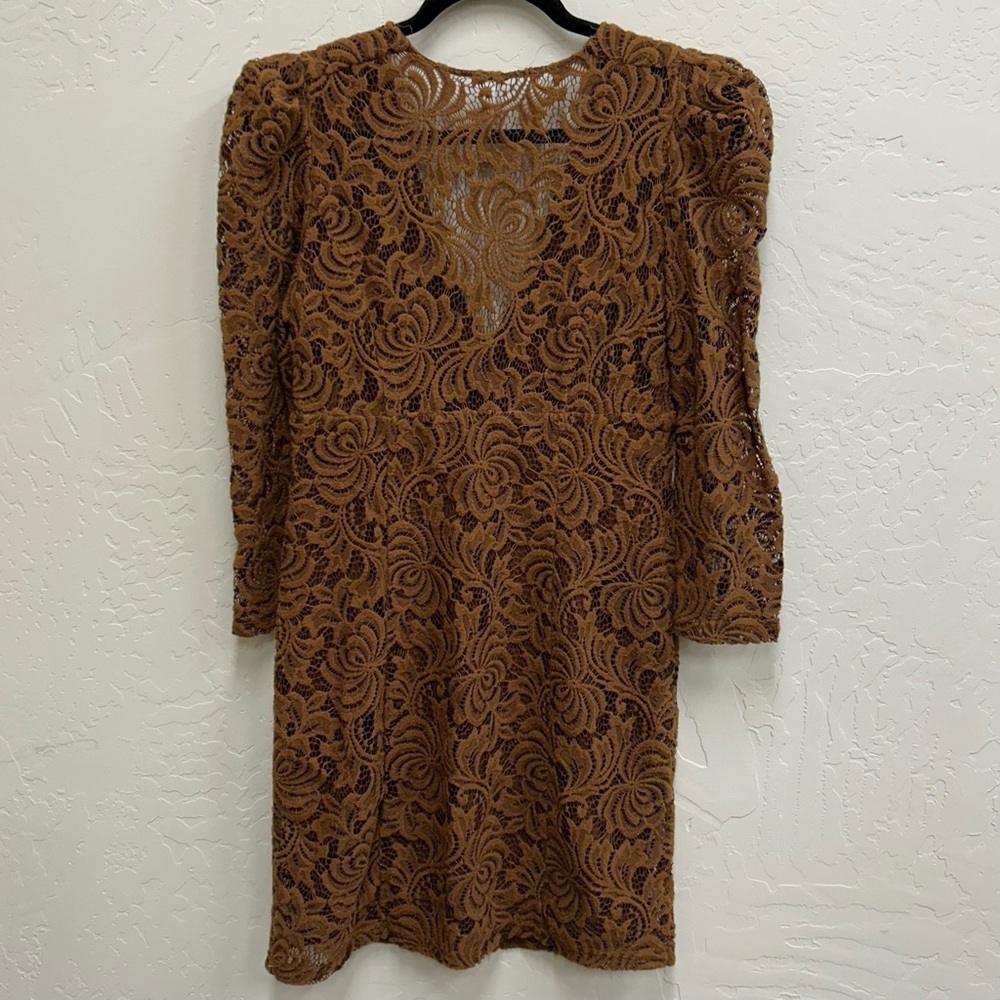 Free People Brown Lace Puff Sleeve Mini Dress Deep V Neckline Sz Small - Picture 2 of 5